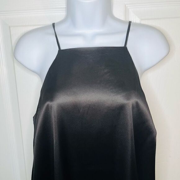 Maisie Monti Tiered Slip Dress Mini Satin Square Neck Drop Waist LBD Black M - Picture 5 of 11